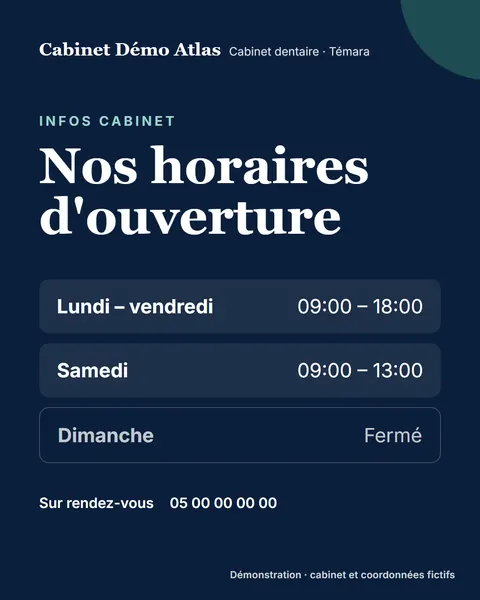 Exemple de publication pour un cabinet fictif : horaires d’ouverture.