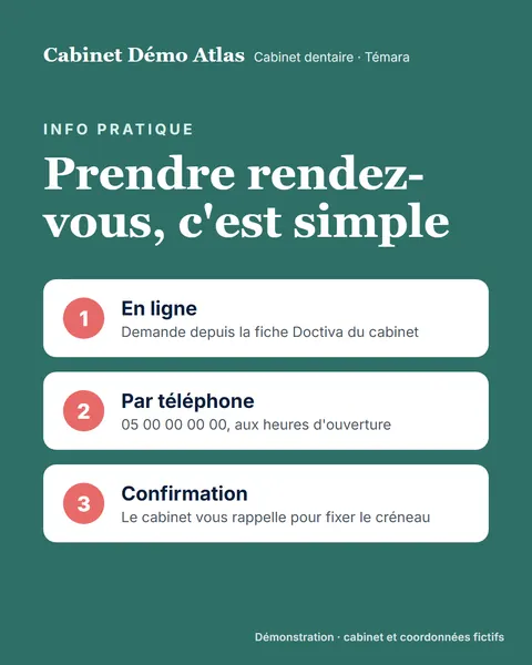 Exemple de publication pour un cabinet fictif : comment prendre rendez-vous.