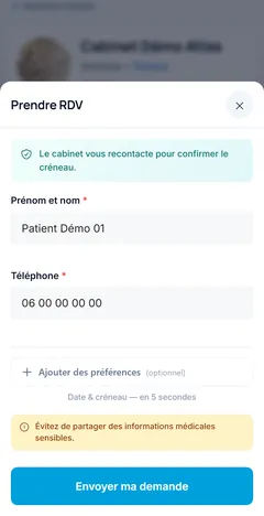 Fenêtre Prendre RDV d’une fiche Doctiva sur téléphone : champs nom et téléphone remplis avec des données fictives et bouton Envoyer ma demande.