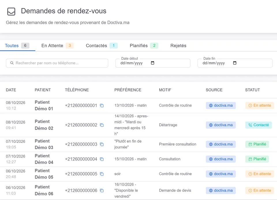 Écran Demandes de rendez-vous de Doctiva Pro : demandes fictives venues de doctiva.ma, avec leur statut en attente, contacté ou planifié.