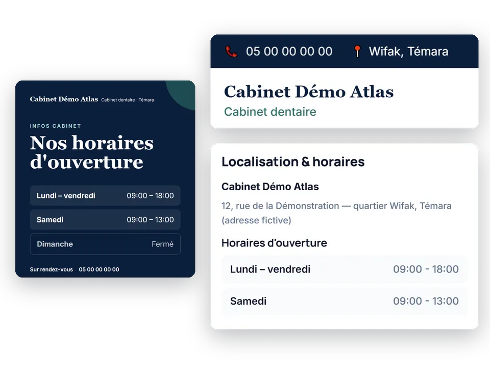 Mêmes coordonnées d’un cabinet dentaire fictif sur l’en-tête de son site, la carte Localisation et horaires de sa fiche Doctiva et, sur grand écran, une publication de ses horaires.