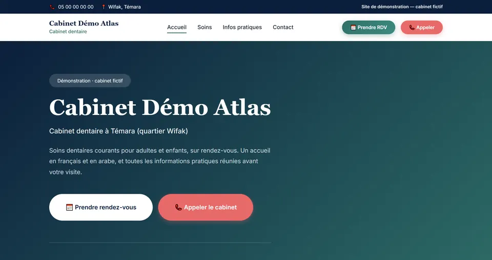 Page d’accueil du site d’un cabinet dentaire fictif à Témara avec boutons Prendre rendez-vous et Appeler (sur mobile : carte de sa fiche Doctiva avec les boutons Prendre RDV et Appeler).